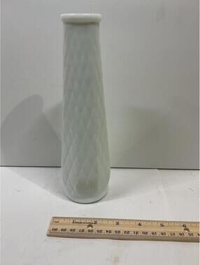 Vintage Brody Co Milk Glass Vase Diamond Pattern 10” White Mid Century